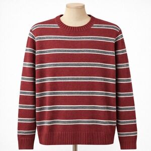 Vtg Express 100% Lambswool Striped Crew Neck Sweater Red Gray M Preppy Y2K